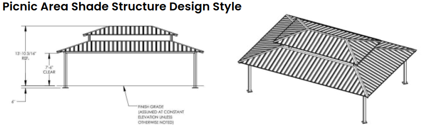 Drawing of elevation and overhead view of Picnic Area Shade Structure.